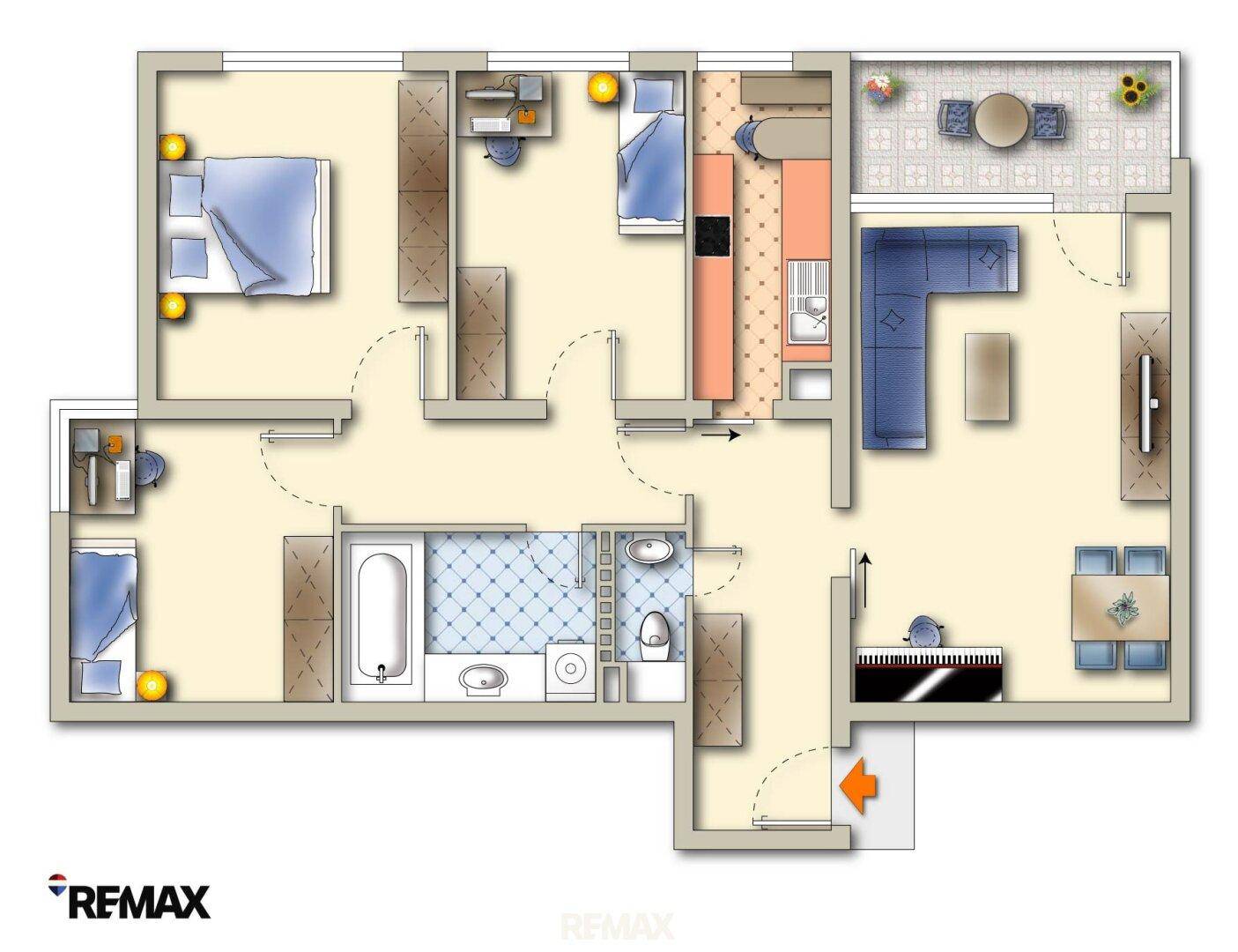 Detaillierter Grundriss der Wohnung mit Raumaufteilung und Möblierung.