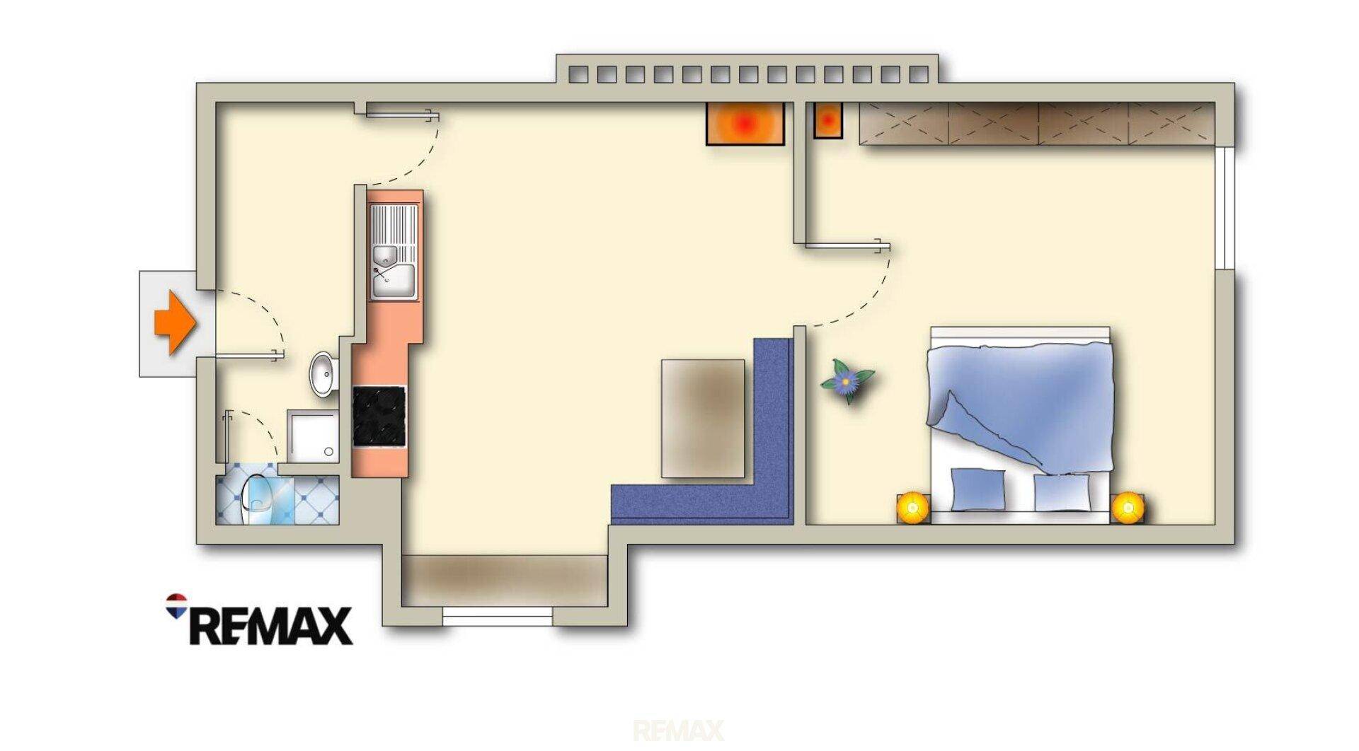 Grundriss einer Wohnung mit Schlafzimmer, Bad und offenem Wohnbereich.