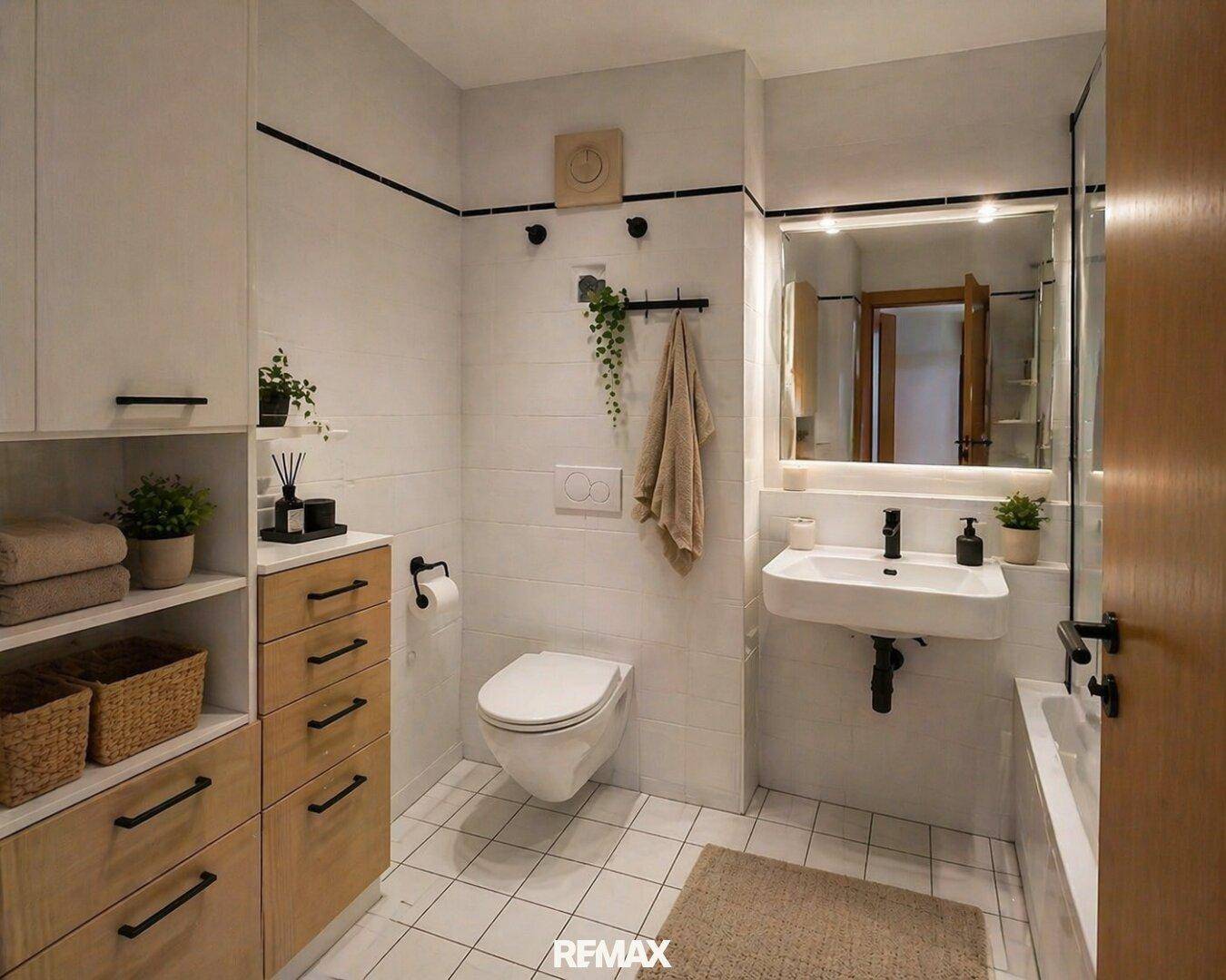 Modernes Badezimmer mit weißen Fliesen, Toilette, Waschbecken und stilvollen Holzschränken.