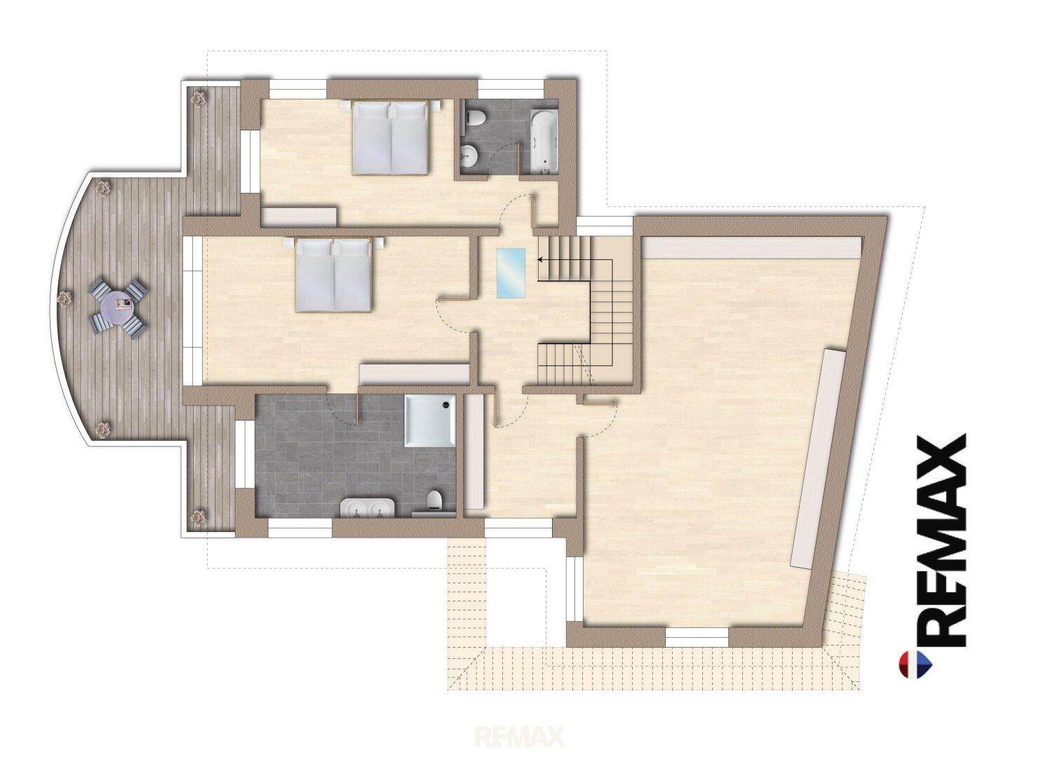 Grundriss des Obergeschosses mit zwei Schlafzimmern, zwei Bädern und einem großen Balkon.