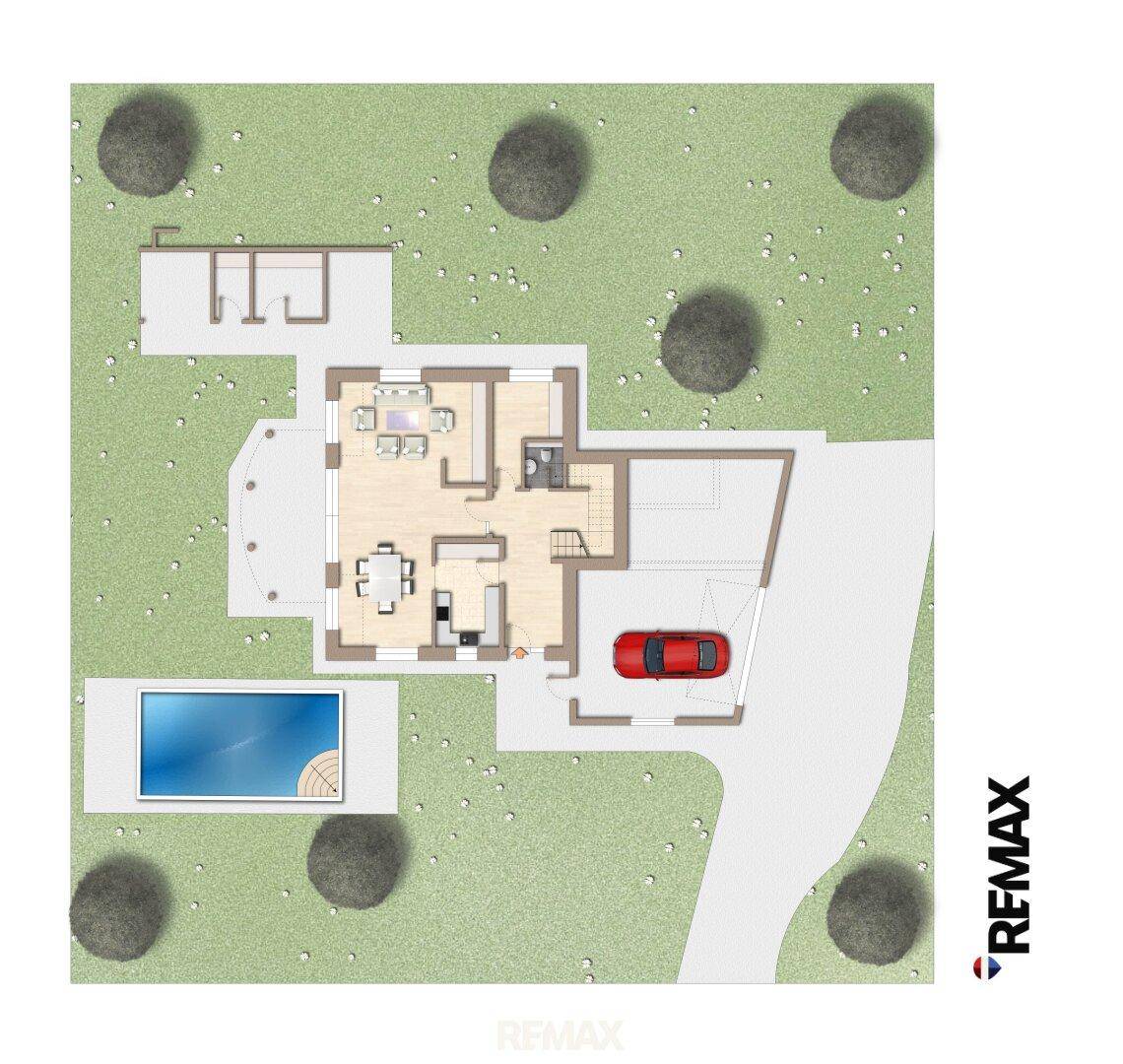 Gesamtgrundriss des Anwesens mit Haus, Pool und Garage, umgeben von Bäumen und Grünflächen.