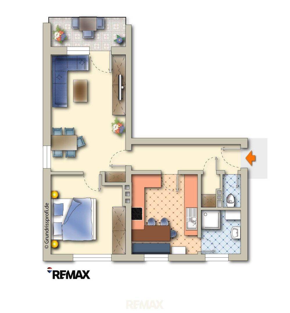 Farbiger Grundriss einer Wohnung mit Schlafzimmer, offenem Wohnbereich und Balkon.