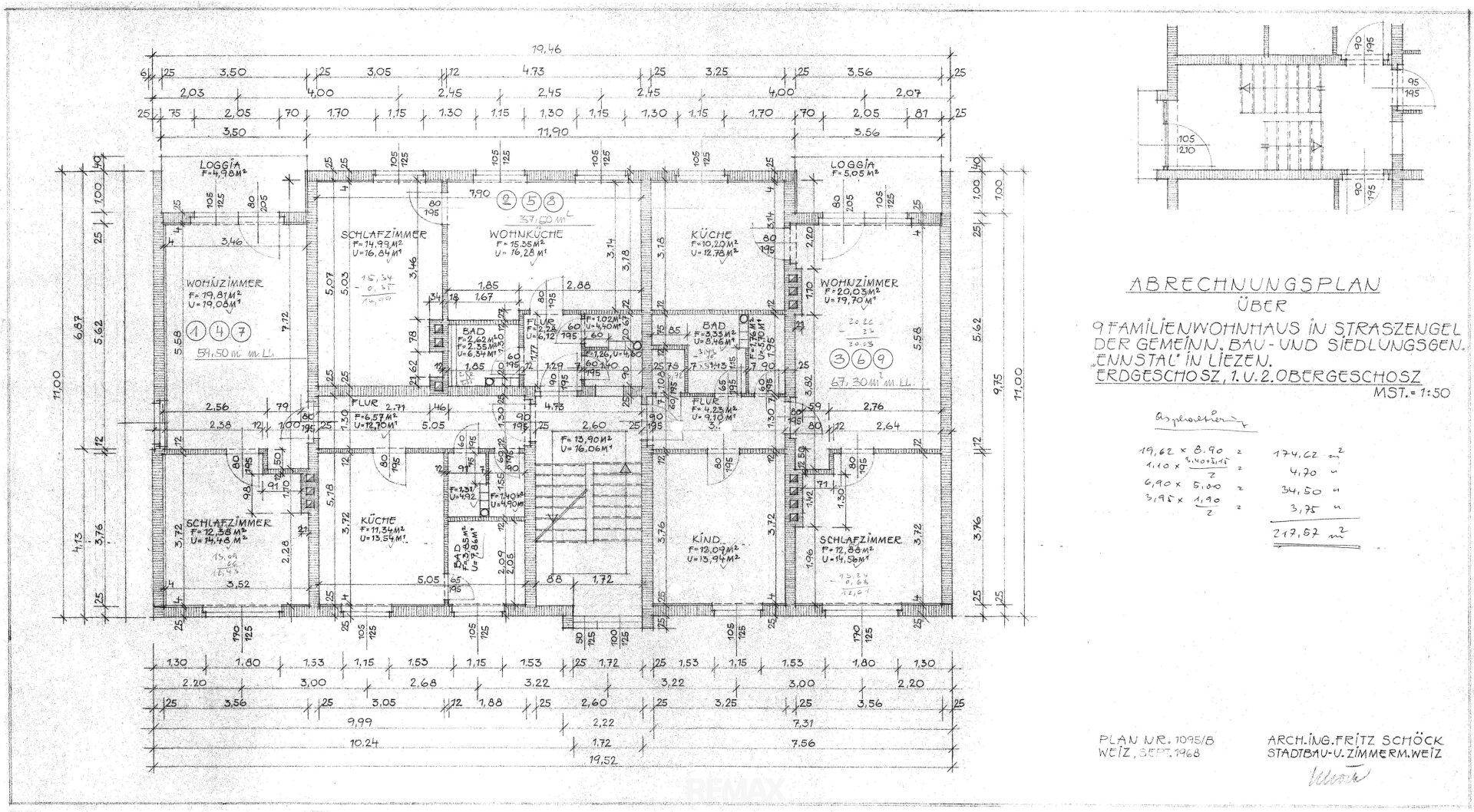 Detaillierter Bauplan einer Wohnung mit mehreren Zimmern, Loggia und Maßen.