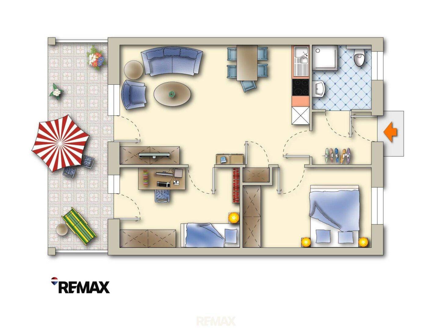 Detaillierter Grundriss der Wohnung mit Möbeln und Außenbereich.