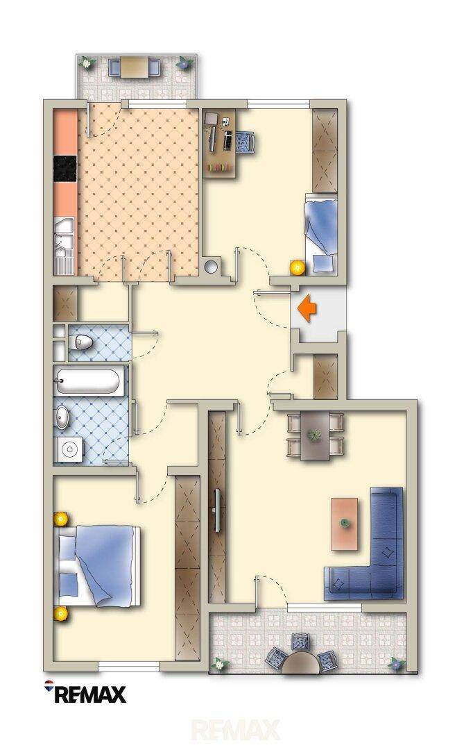 Farbiger Grundriss einer Wohnung mit Balkon, Schlafzimmer und offenem Wohnbereich.