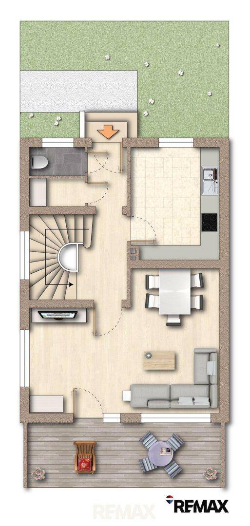 Grundriss des Erdgeschosses mit offenem Wohnbereich, Küche, Terrasse und Garten.