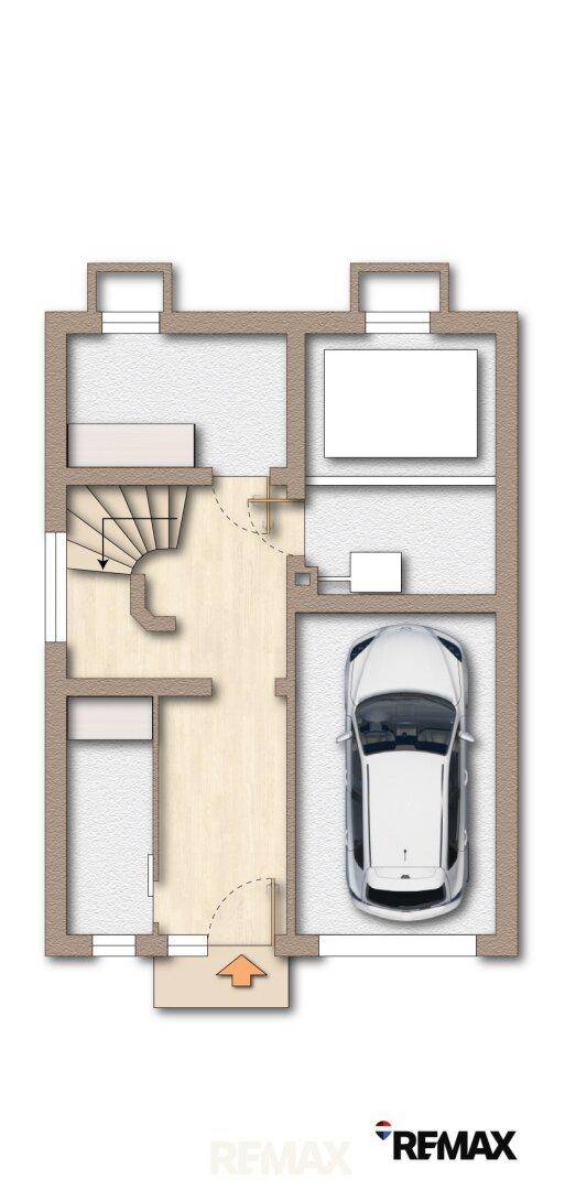 Grundriss des Untergeschosses mit Garage und zusätzlichem Raum.