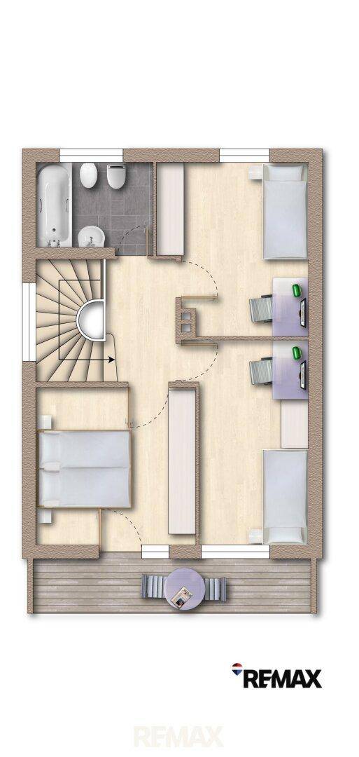 Grundriss des Obergeschosses mit Schlafzimmern, Badezimmer und Balkon.