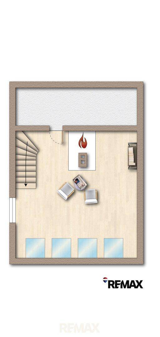 Grundriss des Dachgeschosses mit Kamin und großen Fenstern.