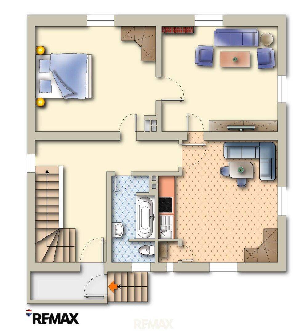 Grundriss des Erdgeschosses mit offenem Wohn-Essbereich, Küche, Badezimmer mit Badewanne und Kamin.