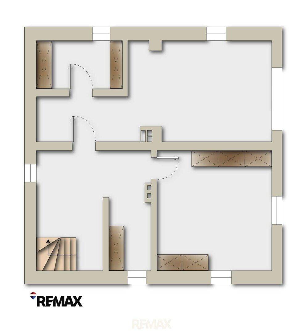 Leerer Grundriss des Obergeschosses mit klarer Raumaufteilung, Treppenhaus und potenziellen Einbauschränken.