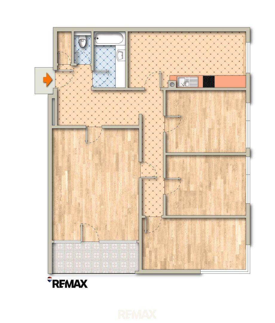 Detaillierter Grundriss einer Wohnung mit mehreren Zimmern, Bad und offener Küche.