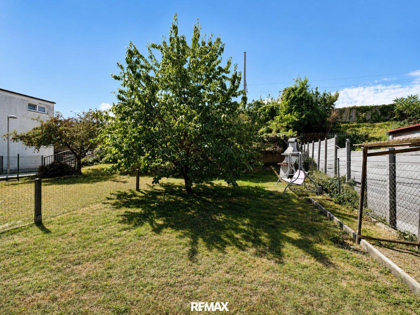 Großer, gepflegter Garten mit Rasenfläche und altem Baum an einem sonnigen Tag.