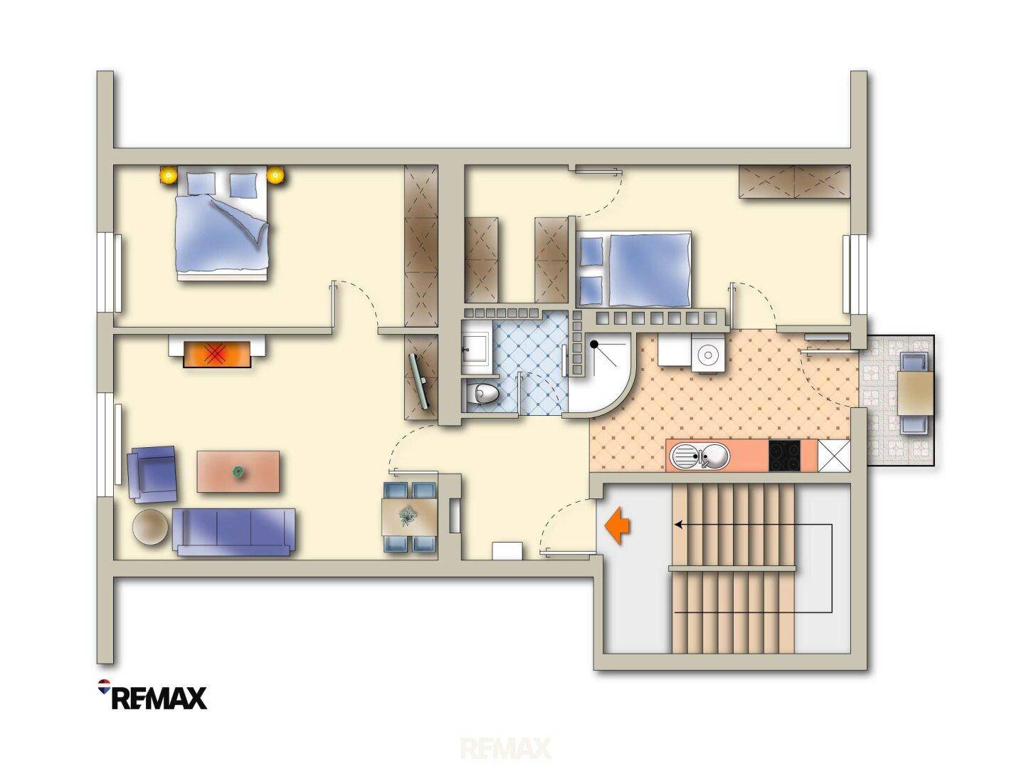 Detaillierter Grundriss der Wohnung mit Schlafzimmern, Bad, Küche und offenem Wohnbereich.
