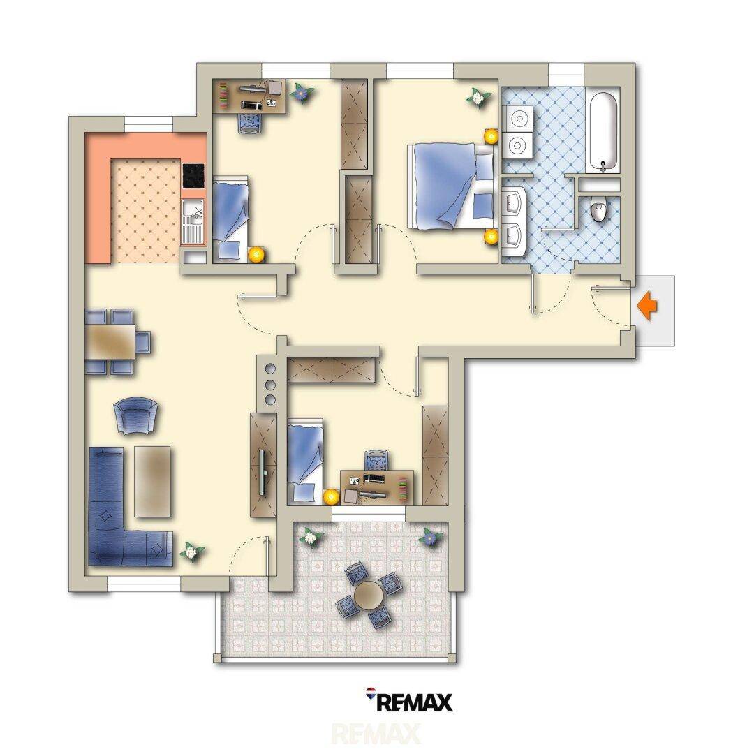 Grundriss einer Wohnung mit drei Zimmern, Bad, Küche und Terrasse.