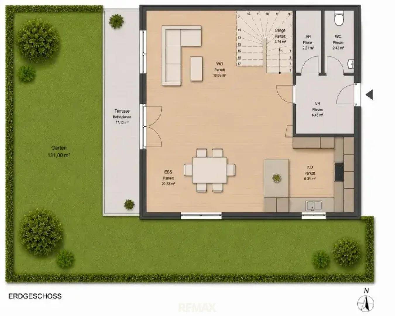 Grundriss des Erdgeschosses mit offenem Wohn-Essbereich, Küche und Zugang zur Terrasse und Garten.
