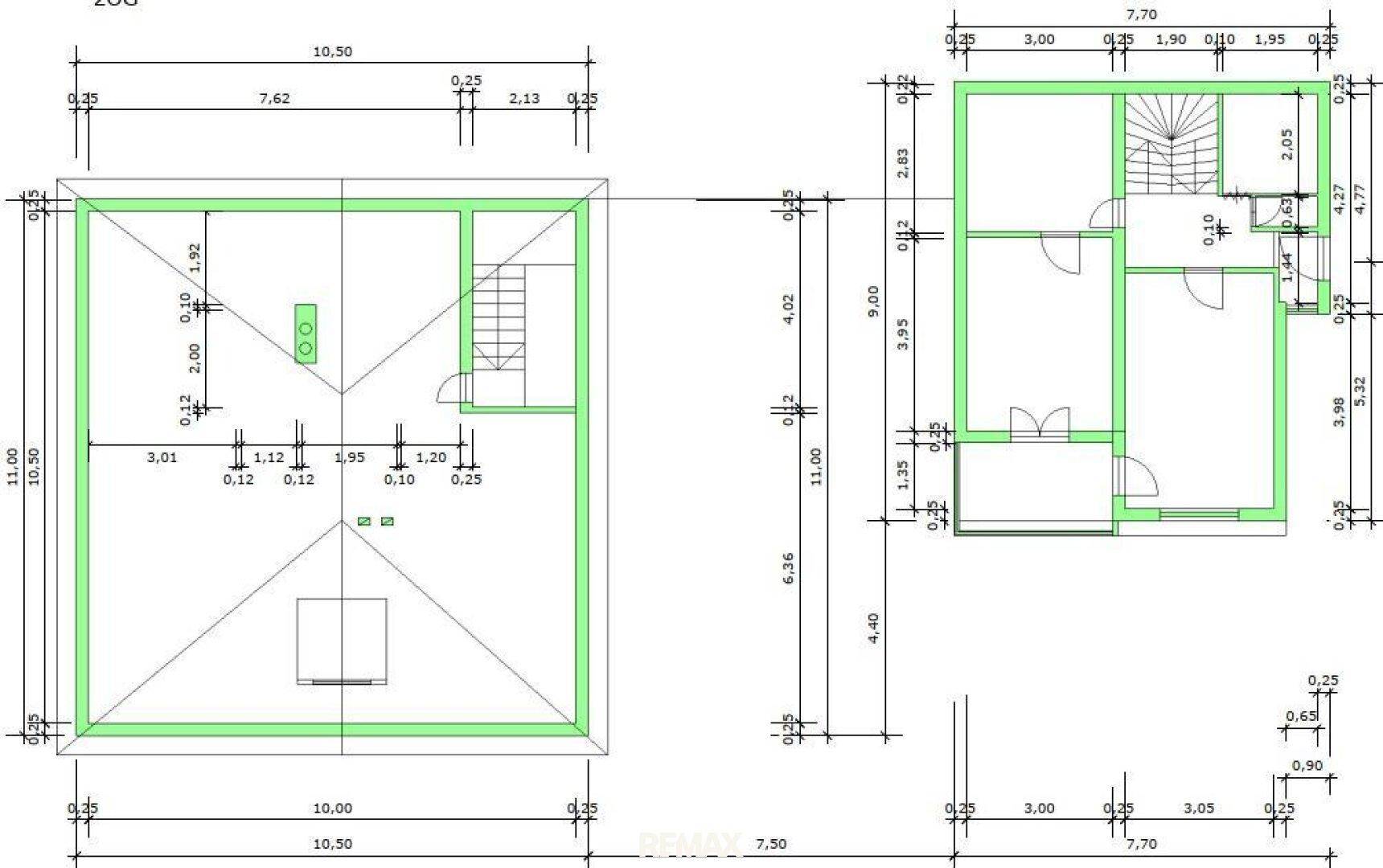 Grundrissdarstellung mit zwei Etagenplänen, inklusive Dachschräge und Treppenhaus.