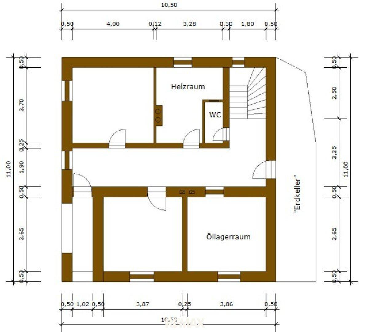 Grundriss des Untergeschosses mit Heizraum, WC und Öllagerraum sowie Treppenaufgang.