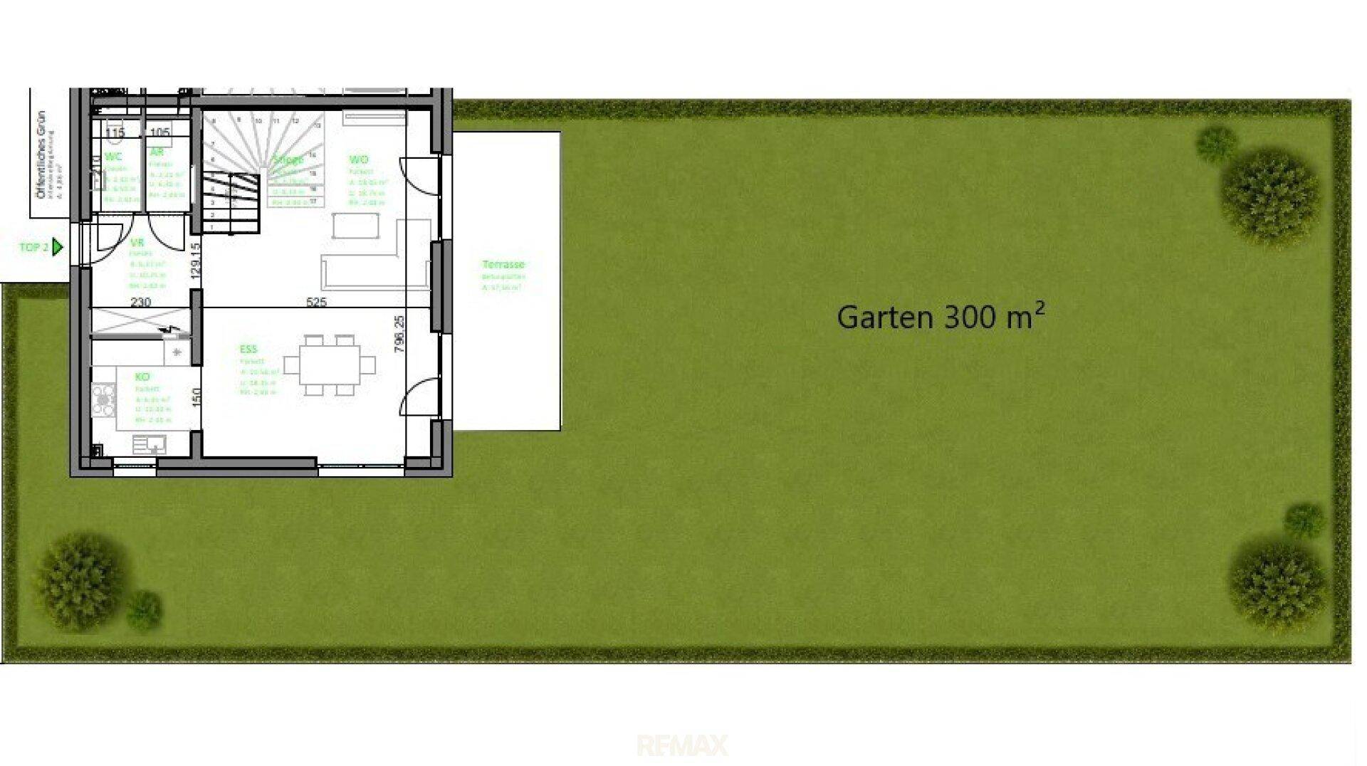 Grundriss des Erdgeschosses mit angrenzendem großen Gartenbereich von 300 m².