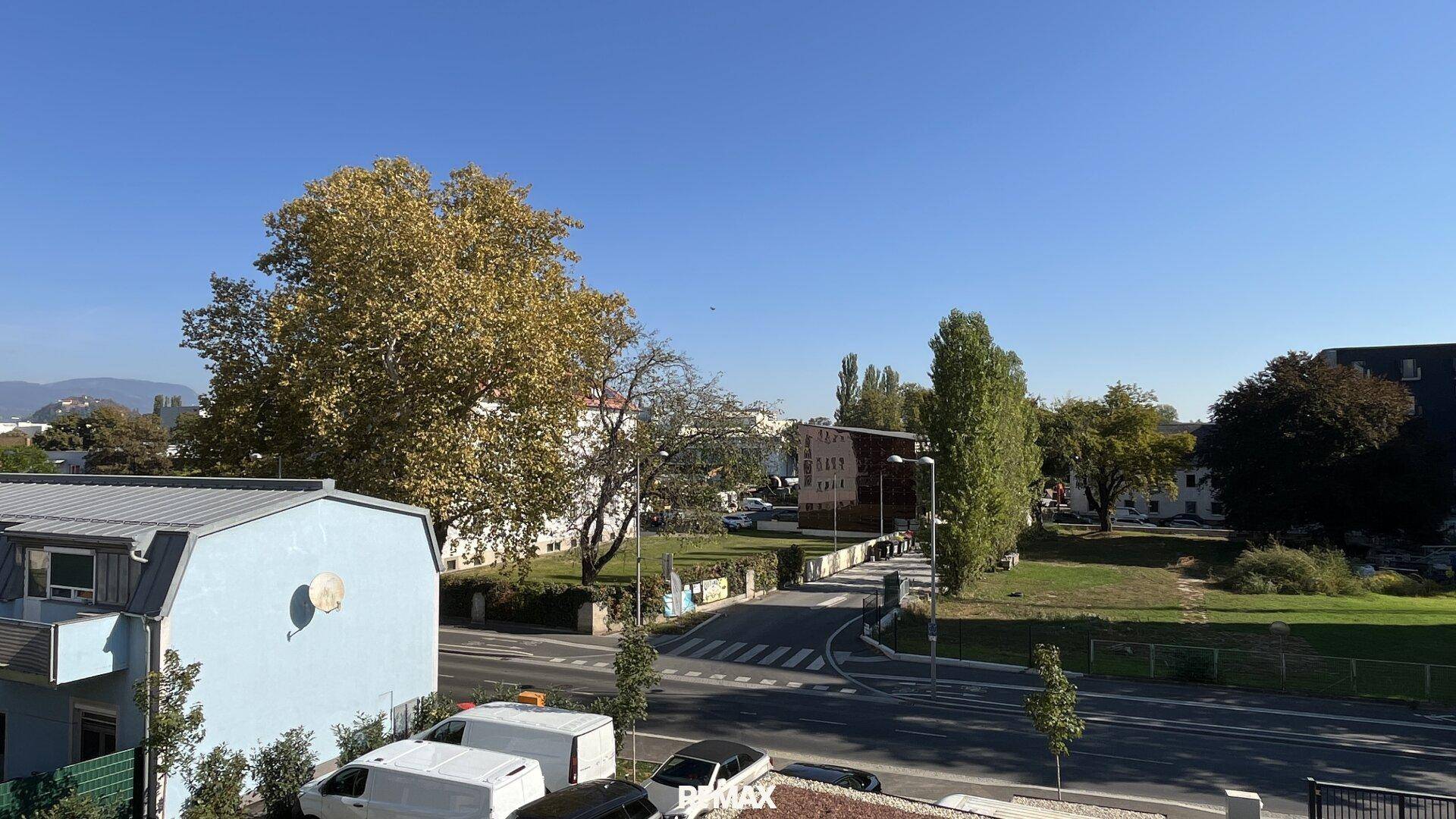 Weitläufiger Blick auf die grüne Umgebung mit Bäumen und einer Straße.