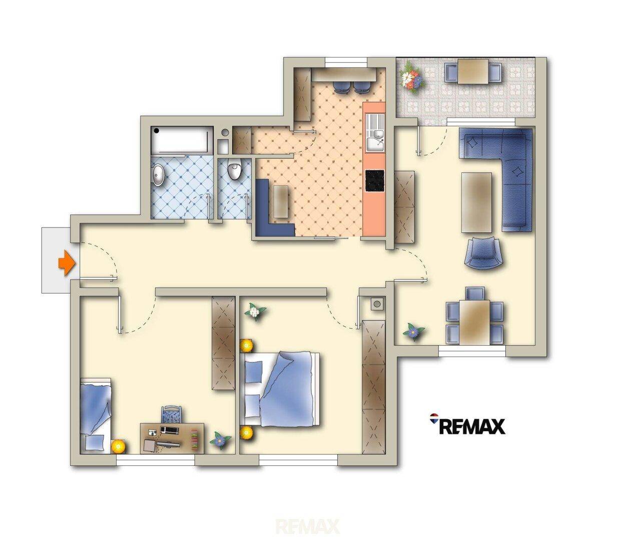 Detaillierter Grundriss der Wohnung mit Raumaufteilung und Möblierung.