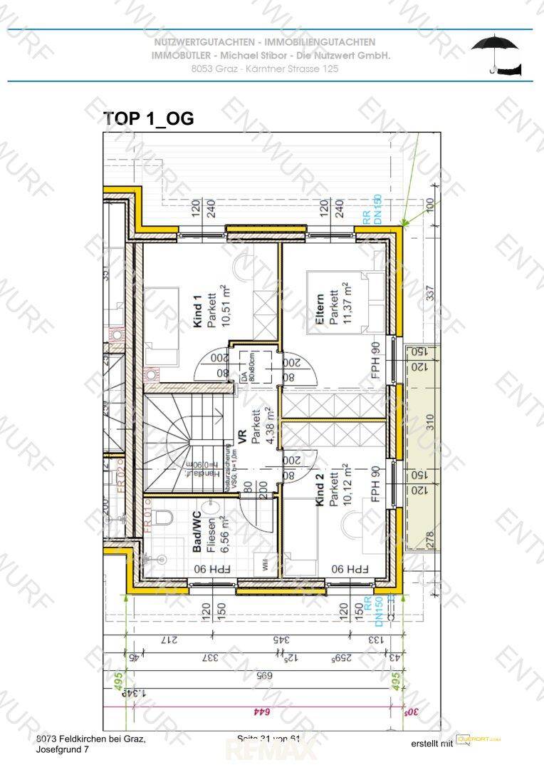 Grundriss des Obergeschosses mit drei Schlafzimmern und einem Badezimmer.