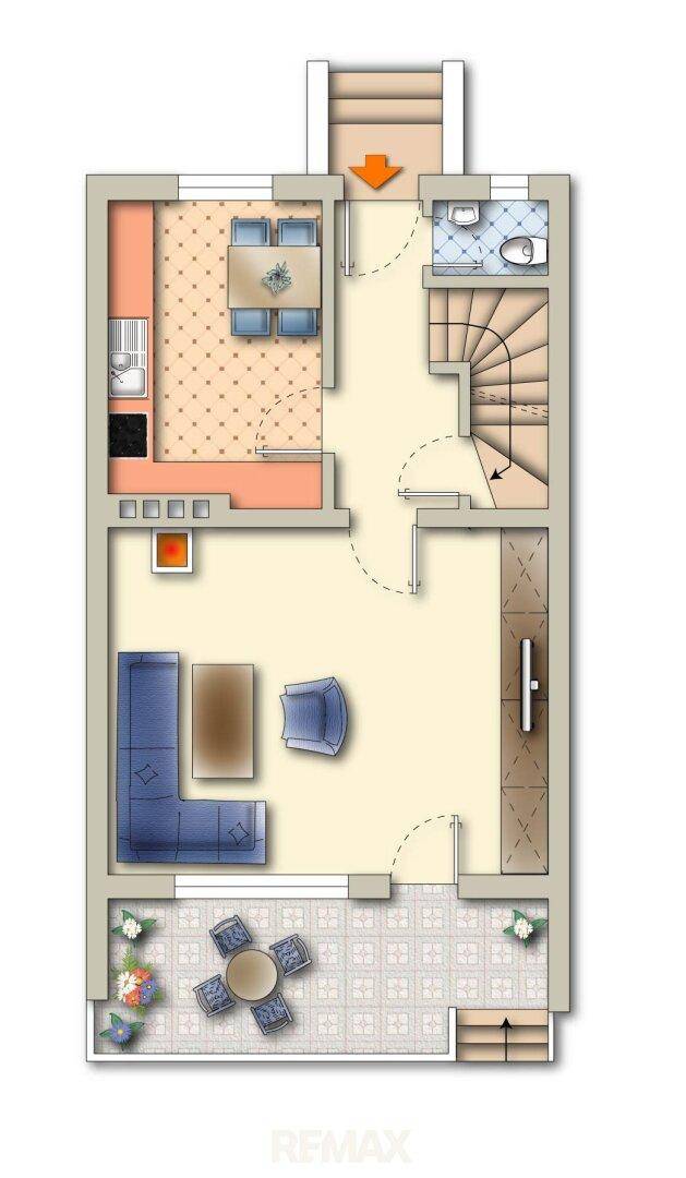 Grundriss des Erdgeschosses mit Wohnbereich, Küche und Terrasse.