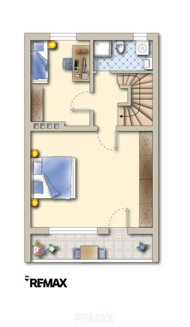 Grundriss des Obergeschosses mit zwei Schlafzimmern und Badezimmer.