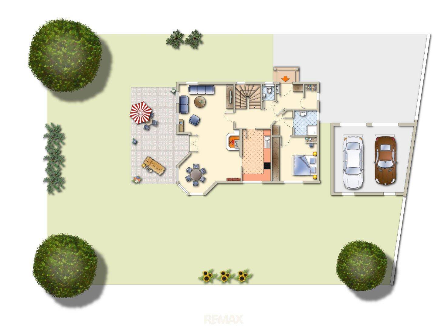 Grundriss des Erdgeschosses mit Garten, Terrasse, Garage, Wohnküche und Schlafzimmer.