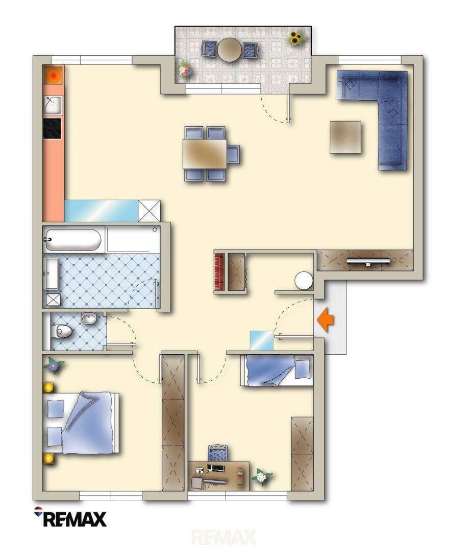 Detaillierter Grundriss der Wohnung mit Raumaufteilung, Möbeln und Balkon.