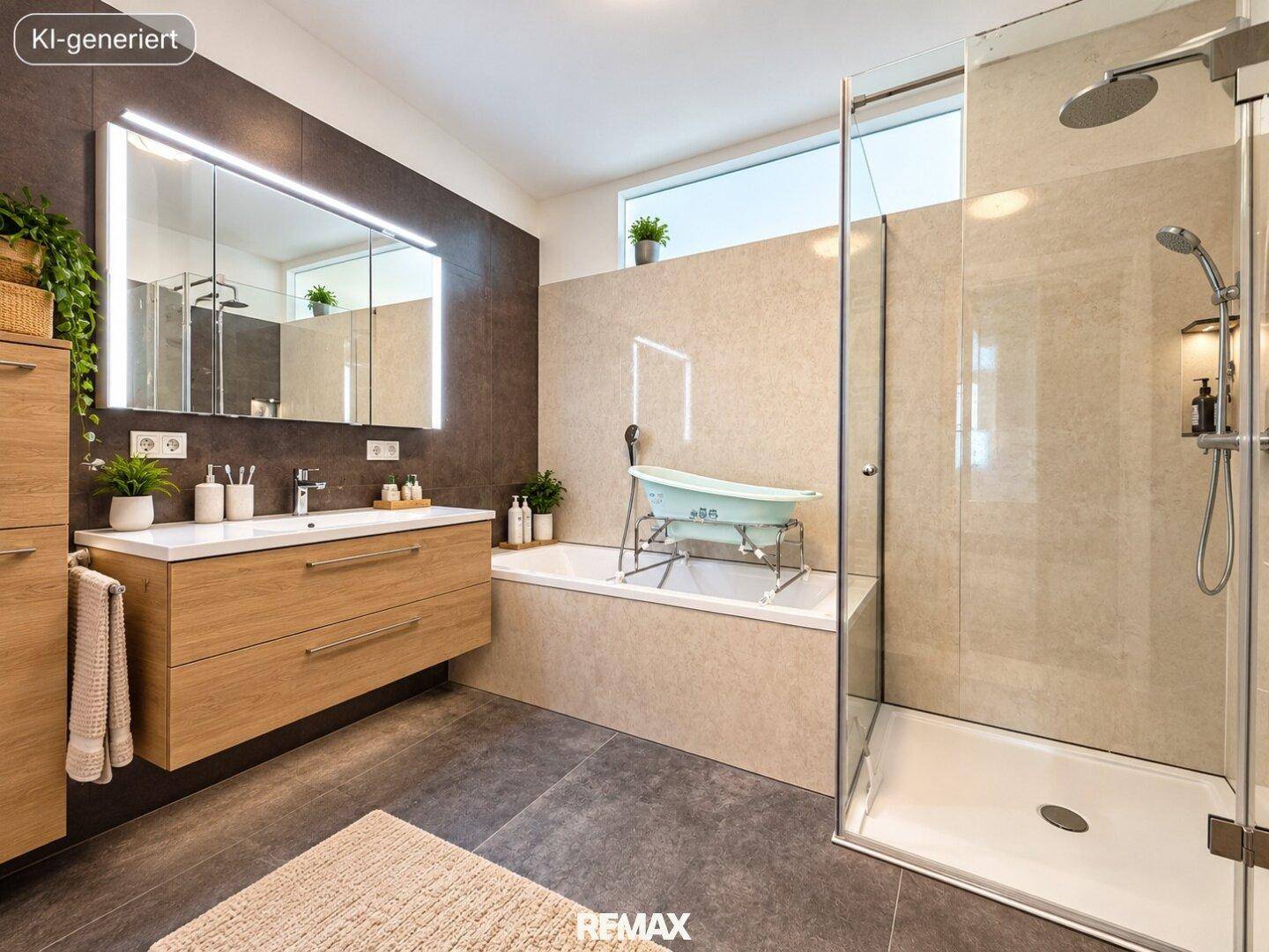 Modernes Badezimmer mit großer Dusche, Badewanne, Holzwaschtisch und beleuchtetem Spiegel.