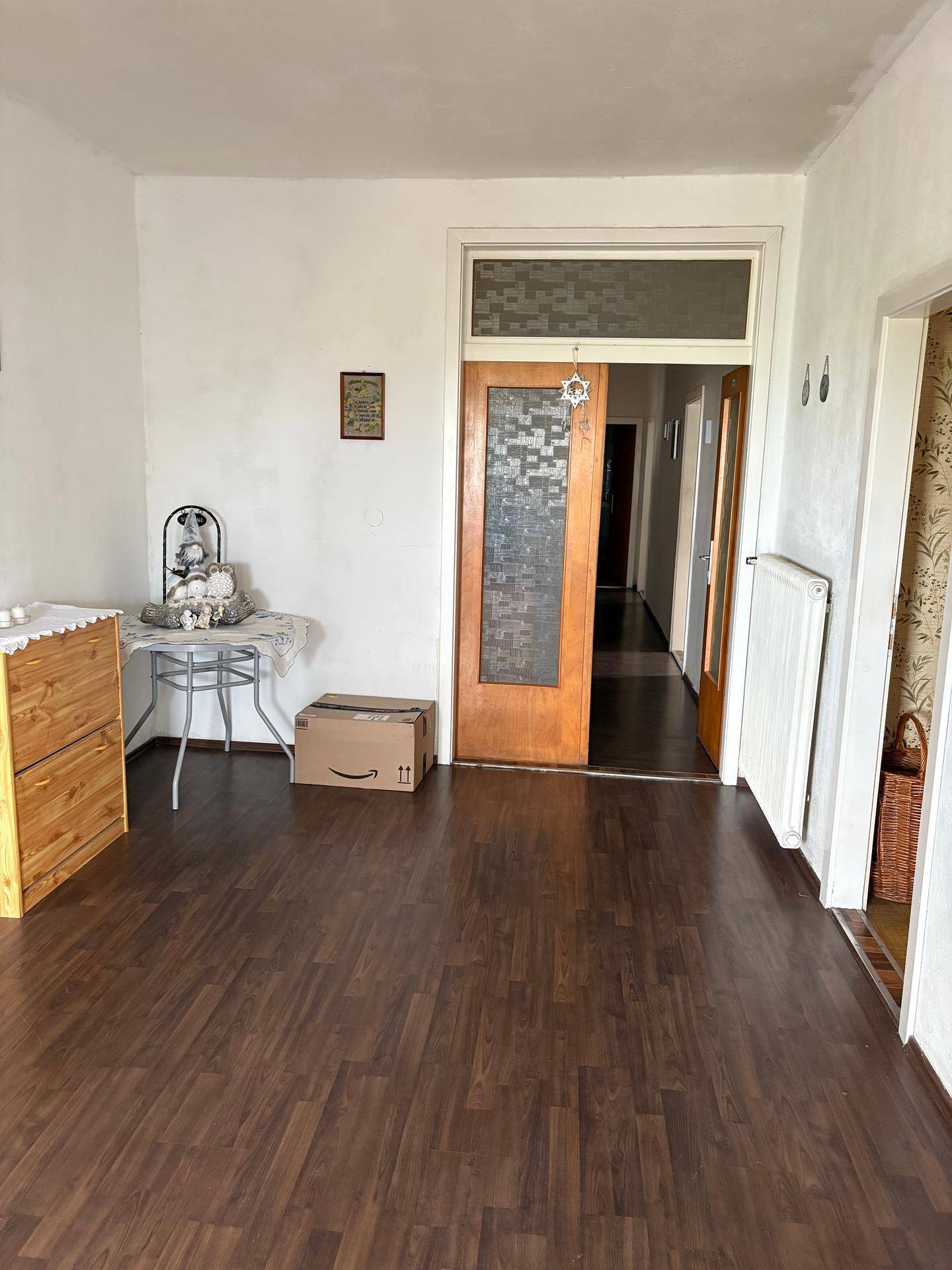 Geräumiger Innenraum mit dunklem Laminatboden, weißen Wänden und einer Holztür mit Milchglas.