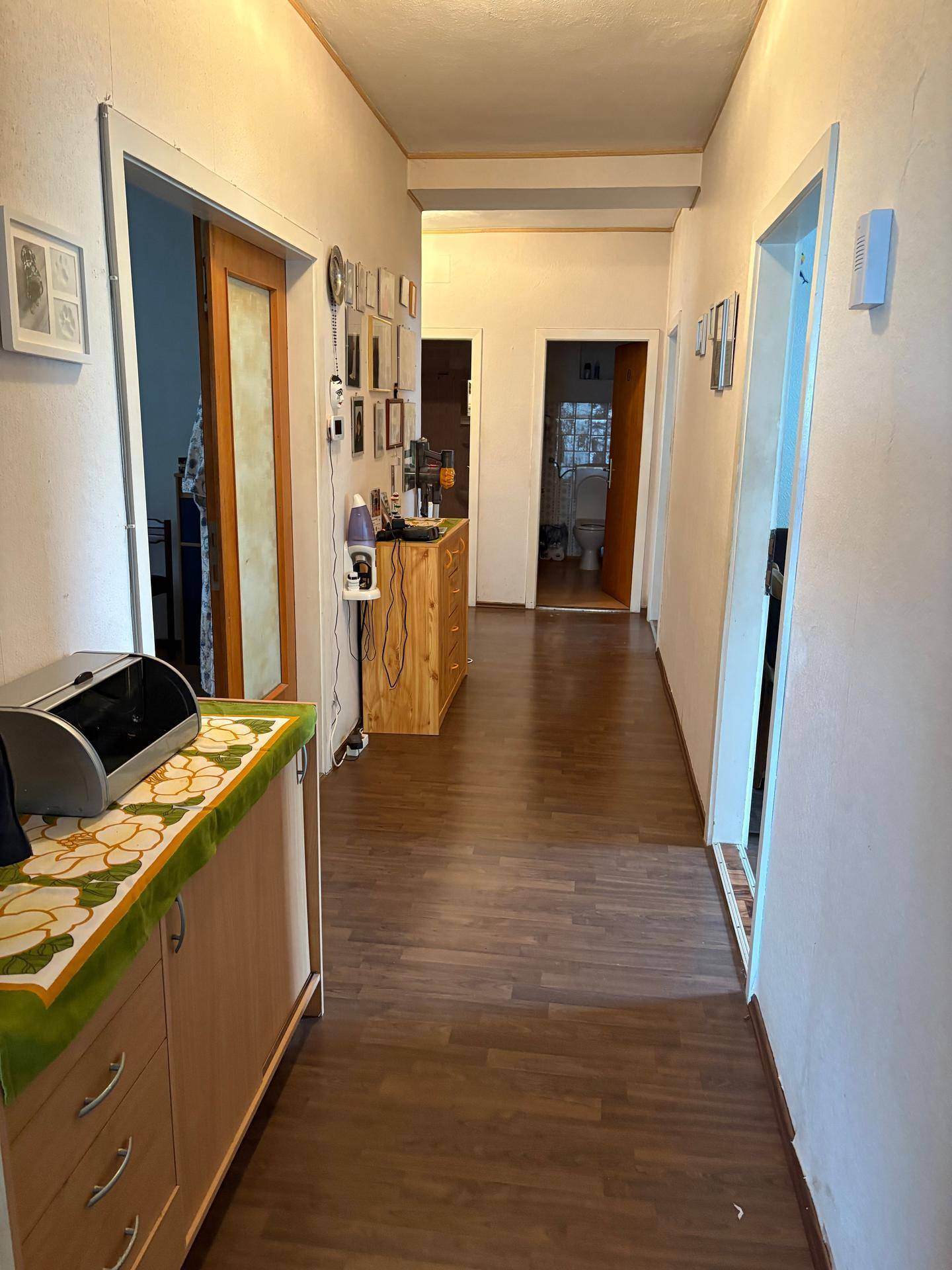 Langer Flur mit dunklem Laminatboden, weißen Wänden und mehreren Türen, die zu anderen Räumen führen.