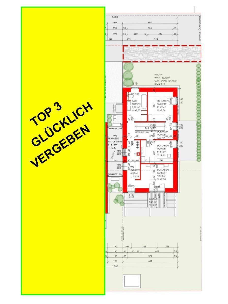 Obergeschoss-Grundriss für Top 4 mit Schlafzimmern und Balkon, Top 3 ist bereits vergeben.