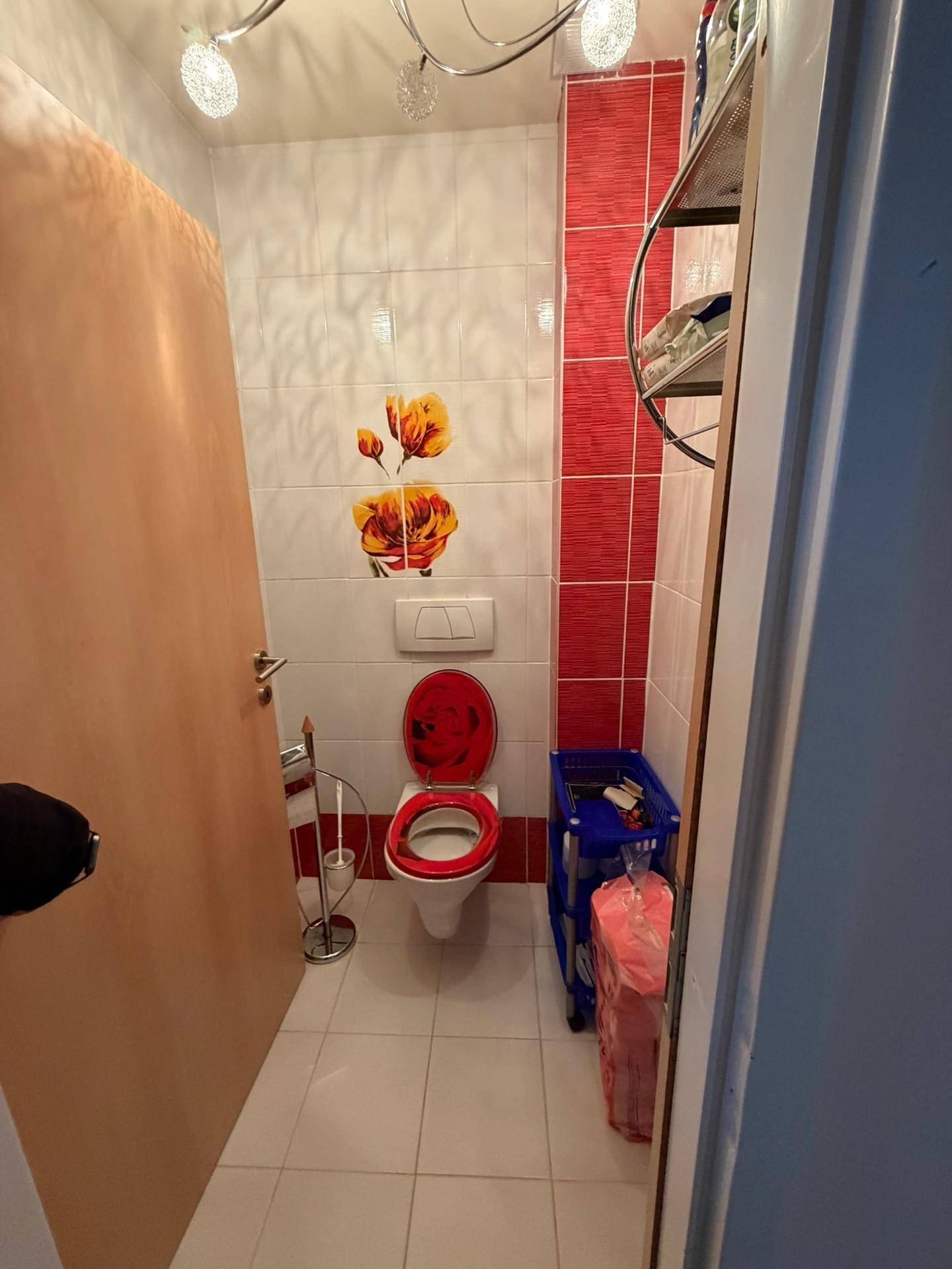 Kleines WC mit roten und weißen Fliesen, rotem Toilettensitz und einfacher Ausstattung.