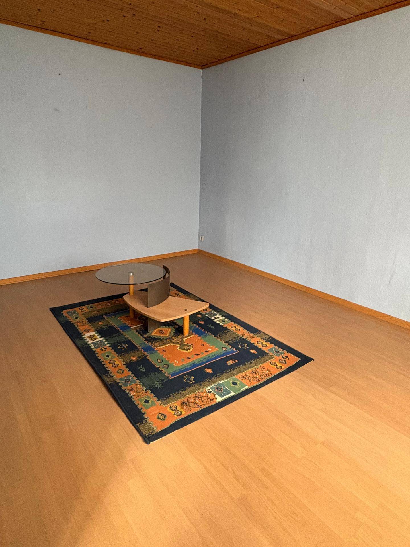 Leeres Wohnzimmer mit Parkettboden, hellblauen Wänden und einem Teppich.
