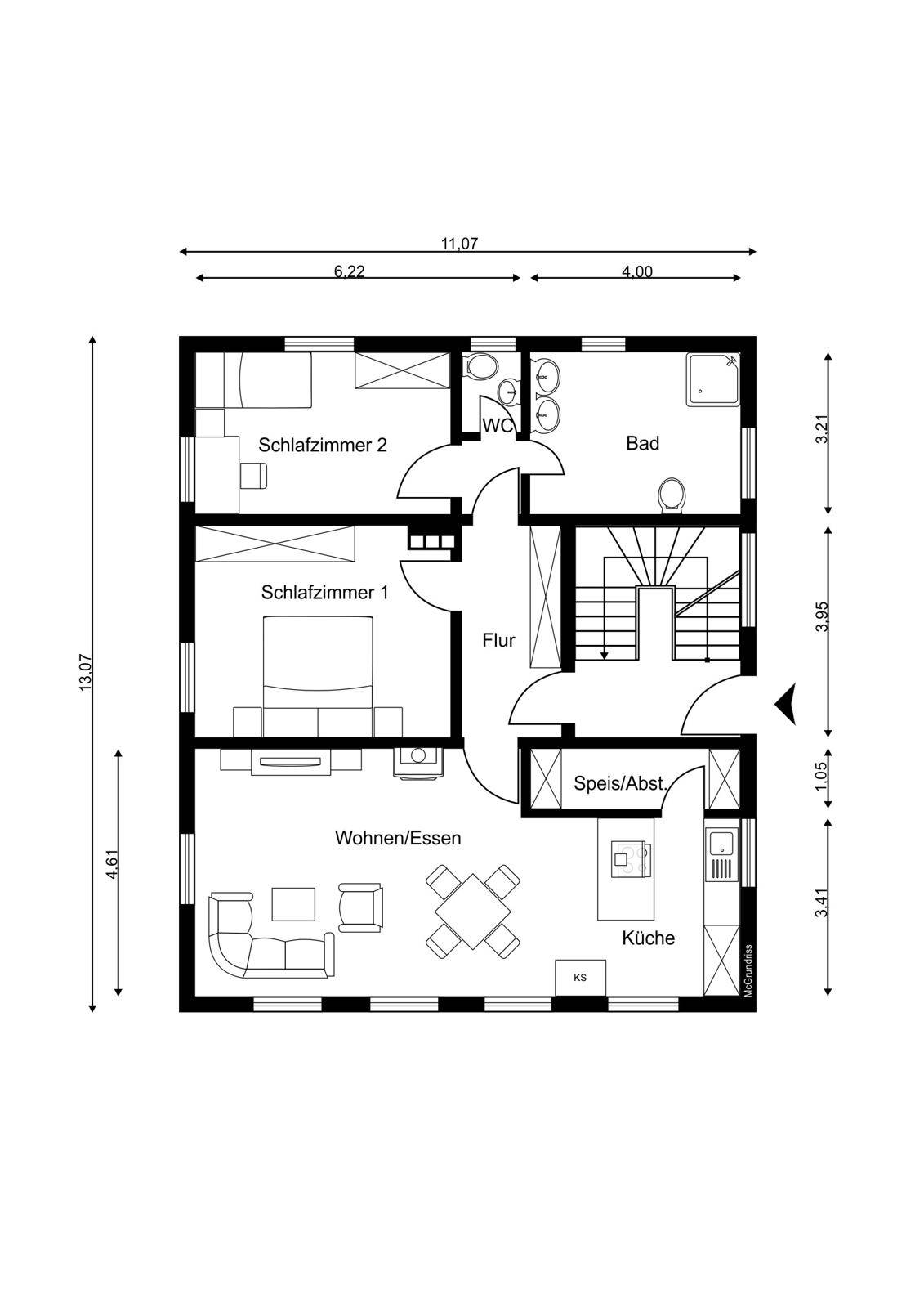 Grundriss einer Etage mit zwei Schlafzimmern, offenem Wohn-Essbereich, Küche, Bad und separatem WC.