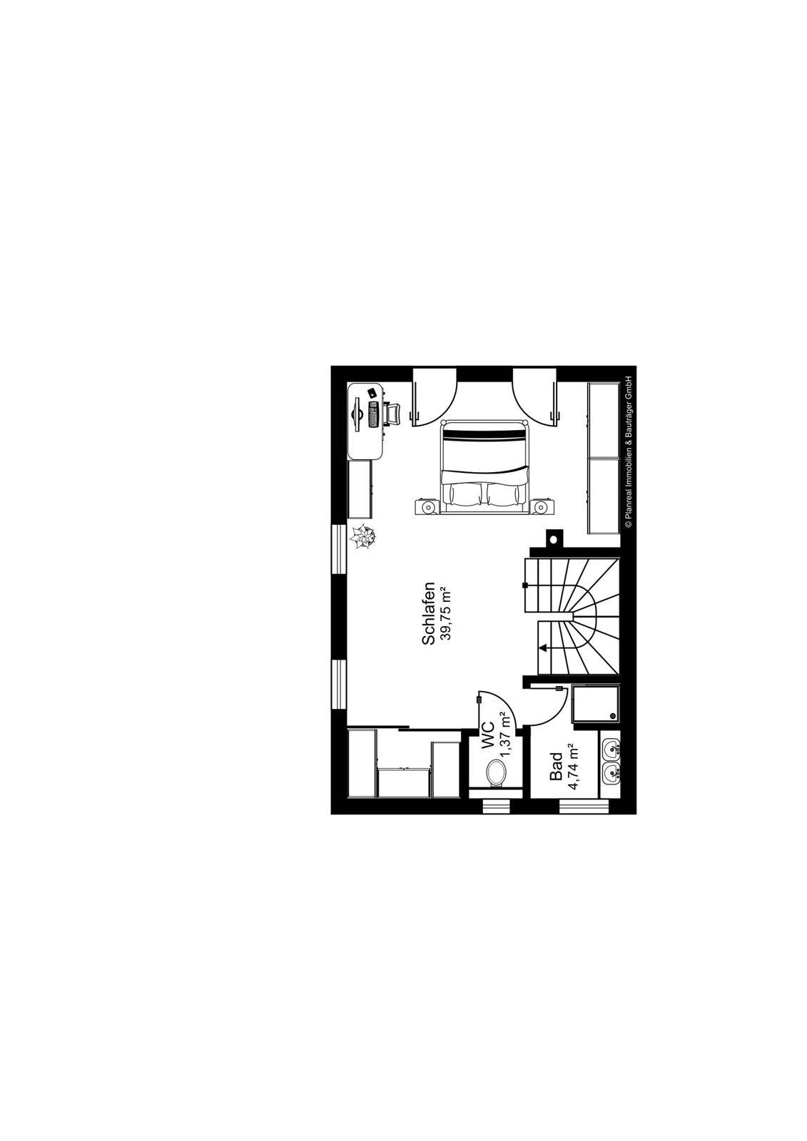 Grundriss des Obergeschosses mit großem Schlafzimmer, Badezimmer und separatem WC.