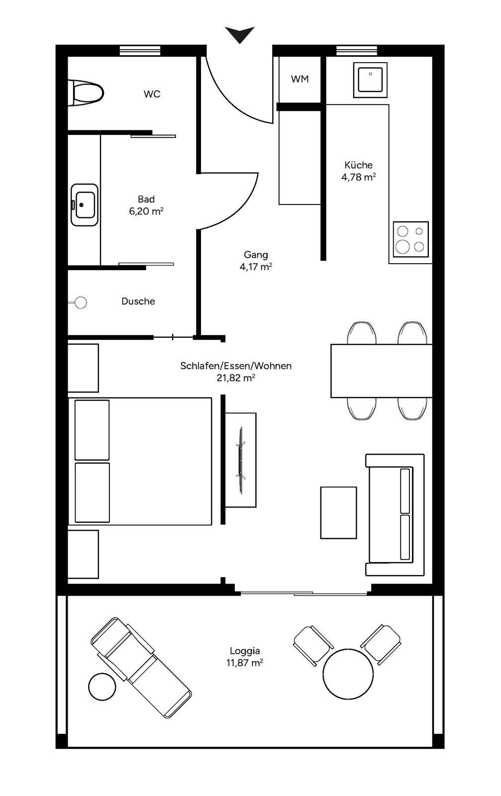 Grundriss einer Wohnung mit offenem Wohnbereich, Küche, Bad und Loggia.