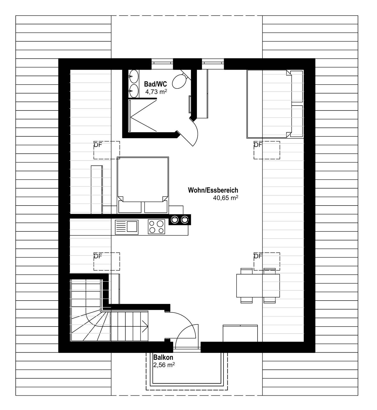 Grundrissplan einer Wohnung mit Wohn-/Essbereich, Schlafzimmer, Bad und Balkon.