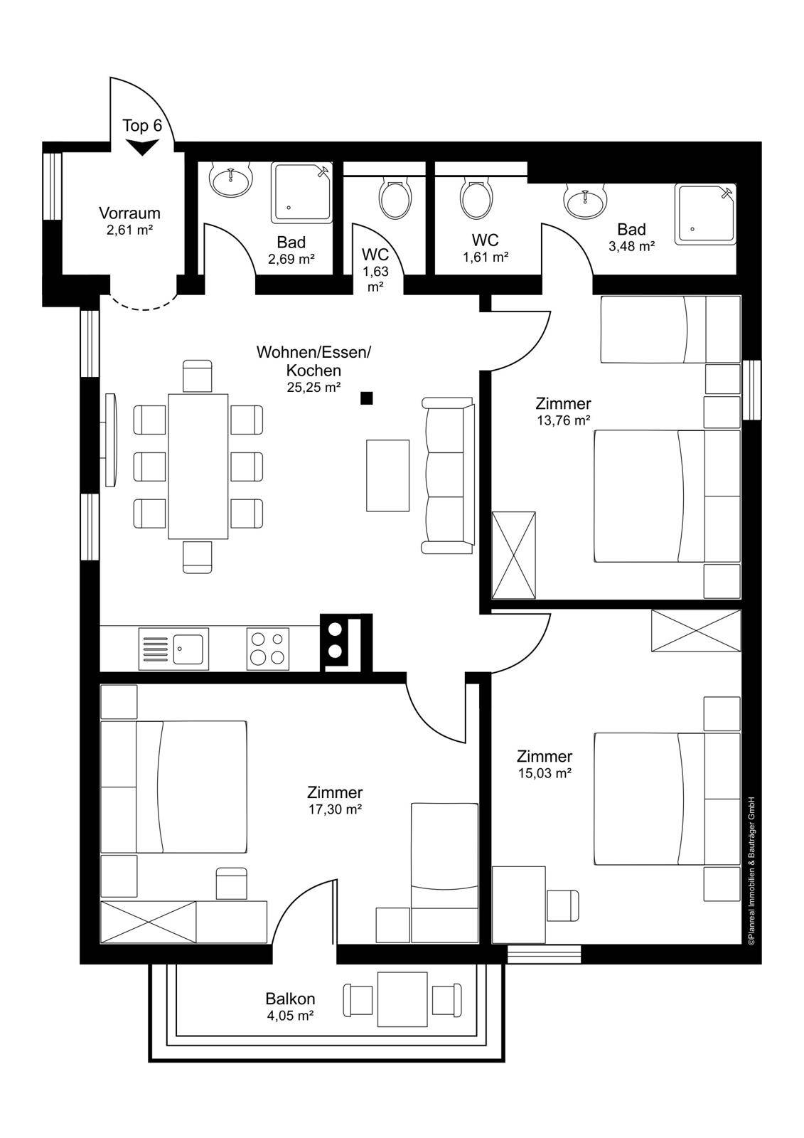 Grundriss einer Wohnung mit Wohn-/Ess-/Kochbereich, drei Zimmern und Balkon.