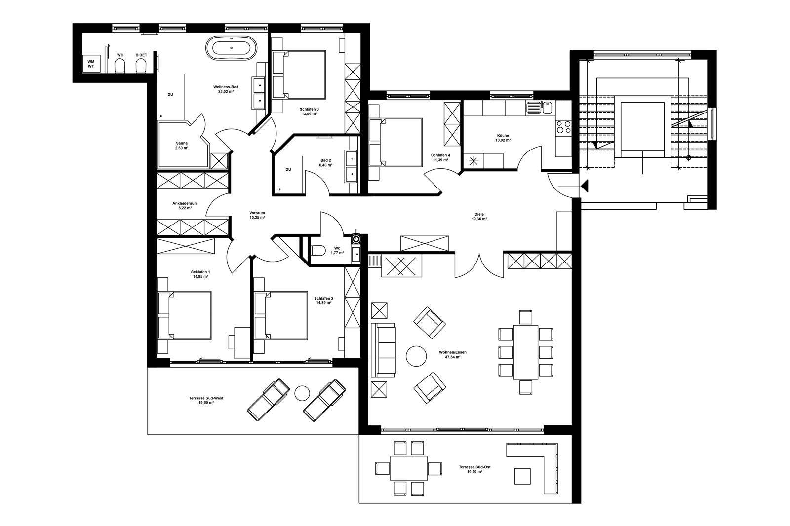 Detaillierter Grundriss mit mehreren Schlafzimmern, Bädern, offener Küche und großzügigen Terrassen.