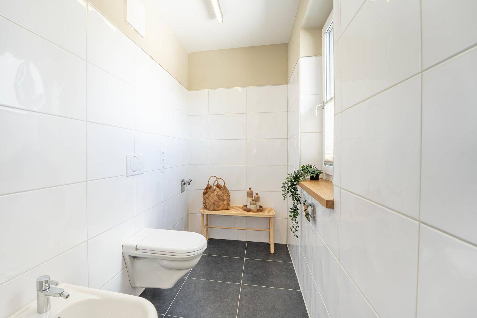 Separates WC mit Bidet, wandhängender Toilette und Fenster.