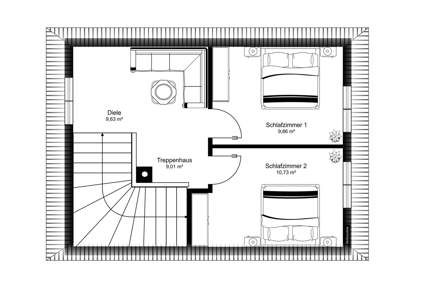Grundriss des Obergeschosses mit Diele, Treppenhaus und zwei Schlafzimmern.
