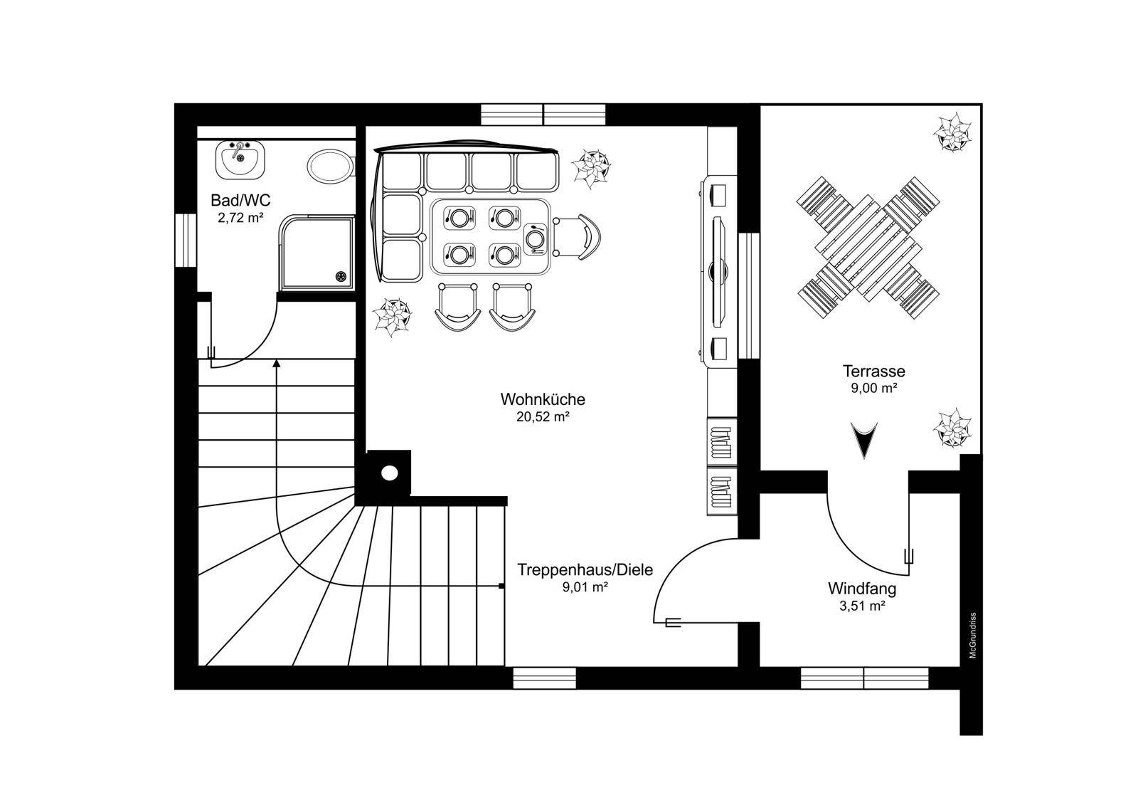 Grundriss des Erdgeschosses mit Wohnküche, Bad/WC, Treppenhaus und Terrasse.