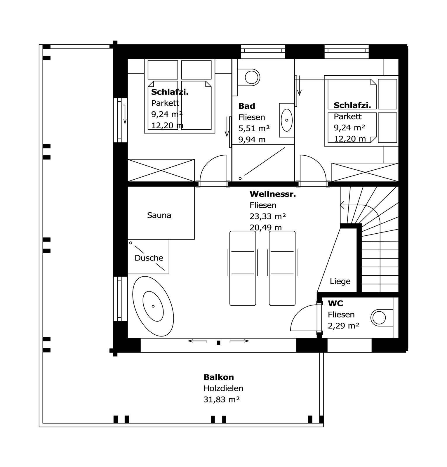 Grundriss des Obergeschosses mit zwei Schlafzimmern, Wellnessbereich, Sauna, Bad, WC und großem Balkon.