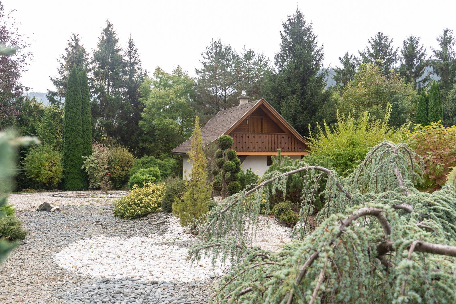 Gepflegter Gartenbereich mit verschiedenen Pflanzen und einem kleinen Gartenhaus im Hintergrund.