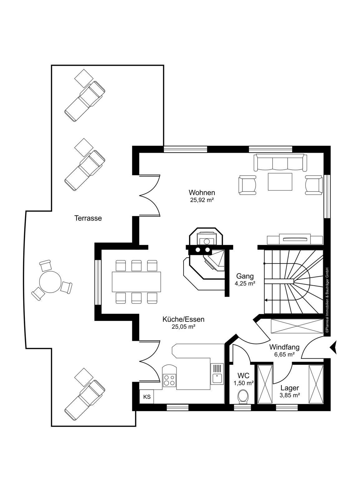 Grundriss des Erdgeschosses mit Wohnbereich, Küche, Essbereich und großer Terrasse.