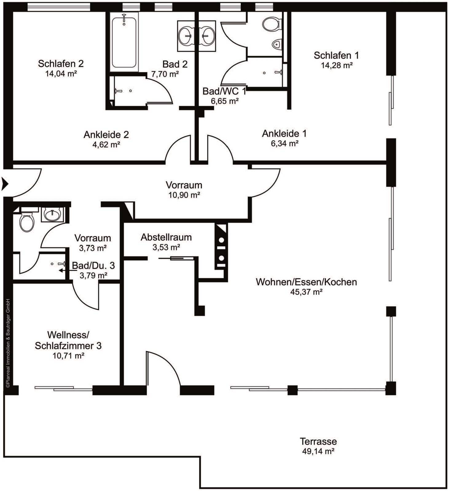 Detaillierter Grundriss mit Raumaufteilung, Flächenangaben und Terrassenzugang.
