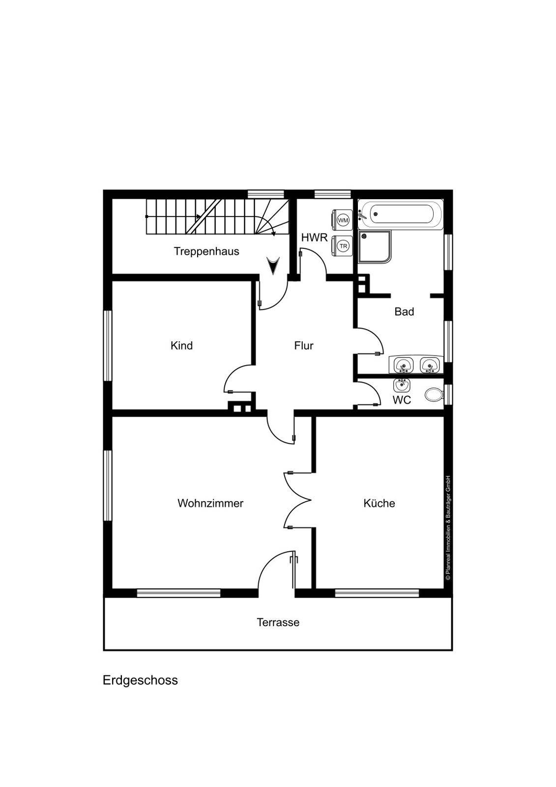 Grundriss des Erdgeschosses mit Wohnzimmer, Küche, Kinderzimmer, Bad und Terrasse.